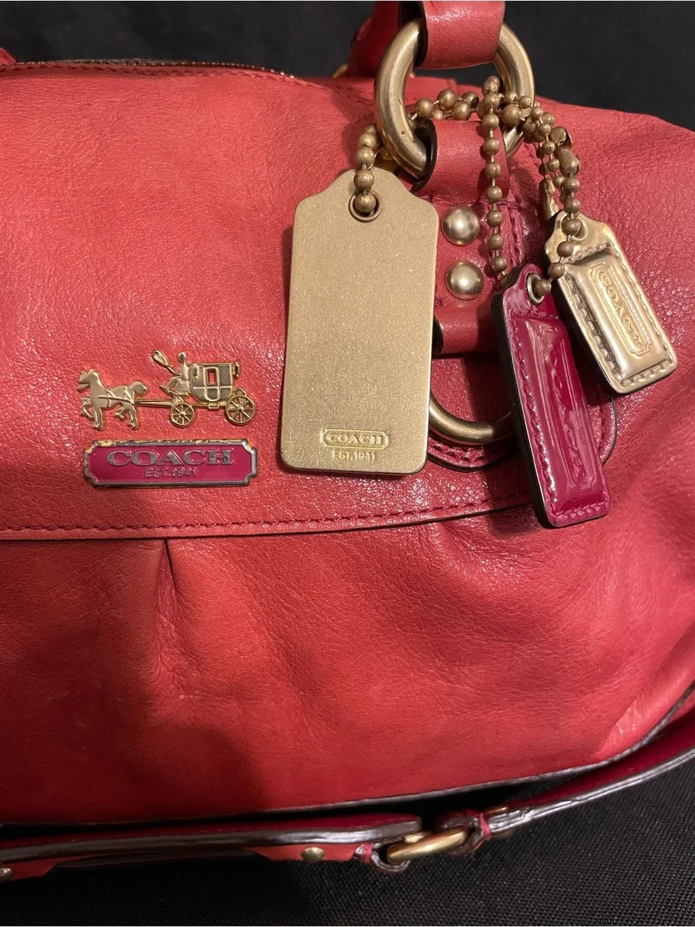 Coach Red-Orange Pebbled Leather Madison Sabrina Satchel with Gold Hardware